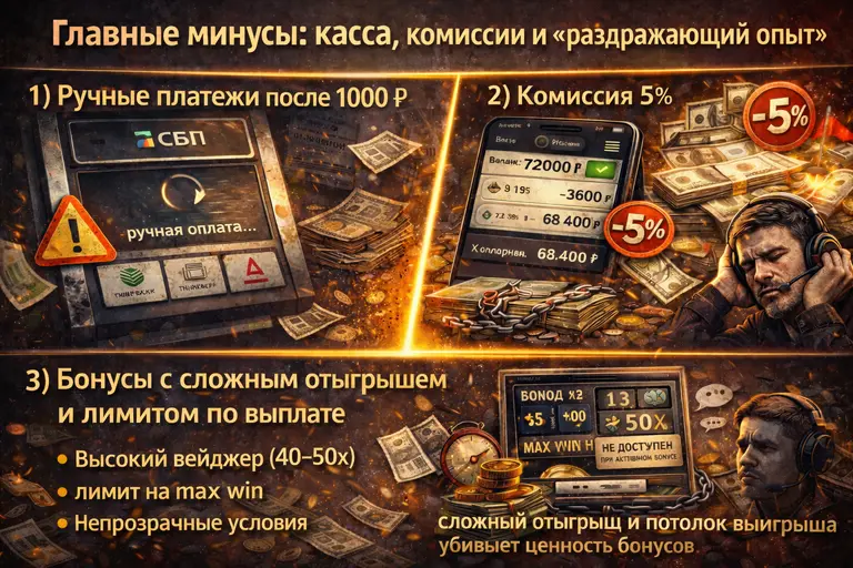 Инфографика минусов Atom и Motor: СБП до 1000 ₽, дальше ручные платежи, комиссия 5% и бонусы с вейджером и лимитом выигрыша