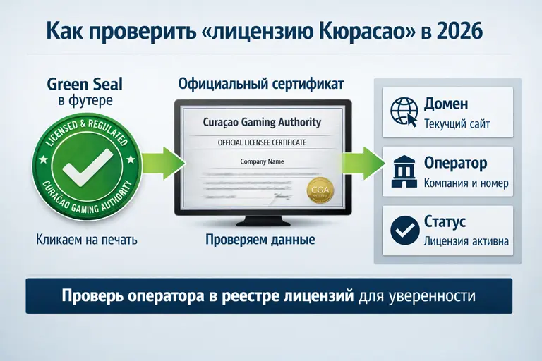 Инфографика: как проверить лицензию Кюрасао у казино в 2026 — Green Seal, сертификат CGA, домен, оператор, статус