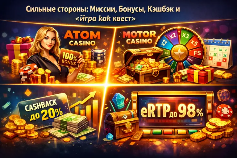 сильные стороны Atom и Motor — миссии-квест, бонусы, колесо, лутбоксы и кэшбэк до 20%