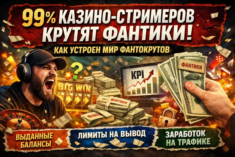 99% казино-стримеров крутят фантики — баннер статьи про фантокрутов, выданные балансы и заработок на трафике
