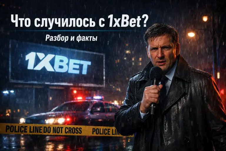 Что случилось с 1xBet — разбор и факты: репортёр на фоне вывески 1xBet, расследование в ночном городе